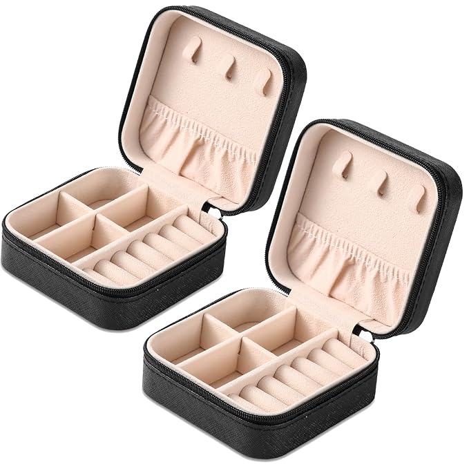 Neveika 2pcs Portable Travel Mini Jewelry Box Leather Jewellery Ring Organizer Case Storage Gift Box Girls Women (black). - Image 9