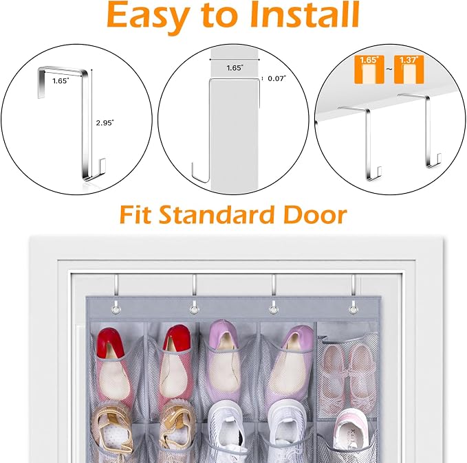 MISSLO 35 Large Pockets Over The Door Shoe Organizer Sturdy Oxford Fabric Hanging Shoe Rack for Door Mesh Closet Shoe Holder Hanger, Grey - Image 6