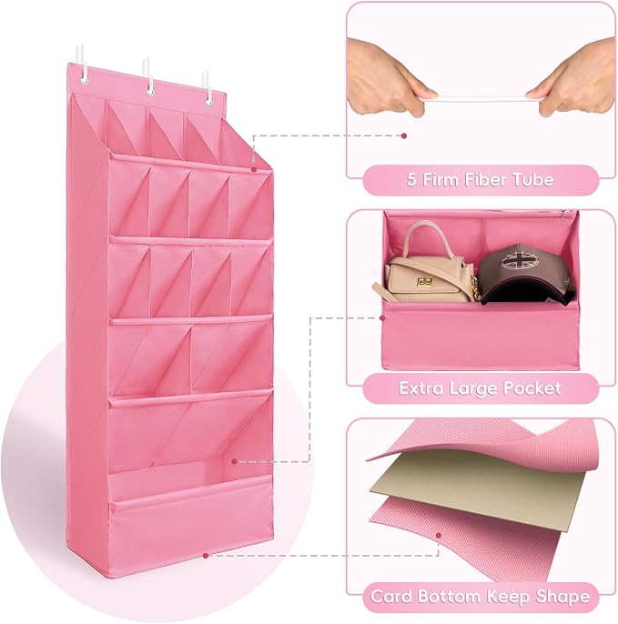 FENTEC 1 Pack Over-the-Door-Shoe-Organizers, Hanging Shoe Organizers with Large Pocket Shoe Holder Hanging Shoe Rack for Closet Shoes Organizer for Wall, Over Door Organizer with 15 Pockets Pink - Image 2