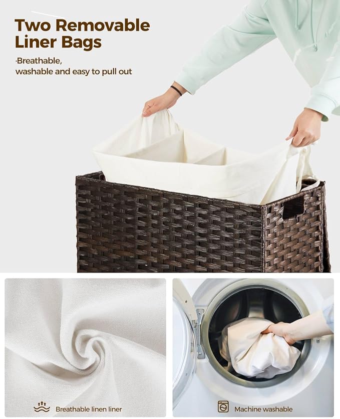GREENSTELL Laundry Hamper with Wheels&Lid, 130L Large 3 Sections Clothes Hamper with 2 Types Removable Liner Bags, 5 Mesh Laundry Bags, Handwoven Divided Laundry Basket Brown - Image 4