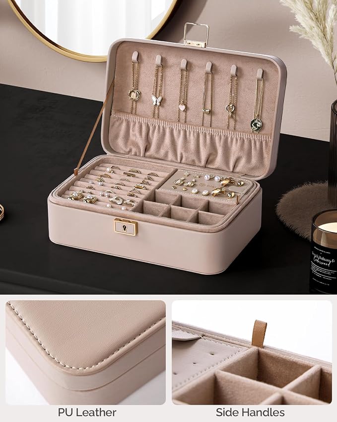 Jewelry Box, 2-Layer Jewelry Holder Organizer with Lock, Removable Jewelry Tray for Earrings Necklaces Bracelets, Light Taupe - Image 3