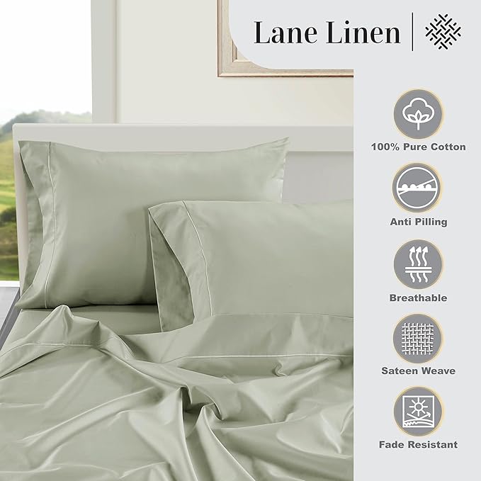LANE LINEN 100% Egyptian Mercerized Cotton Full Size Bed Sheets Set, Eco Friendly Sustainably Produced No Pill Fade Resistant 15 Iinch Deep Pocket Full Sheets Set - Mineral