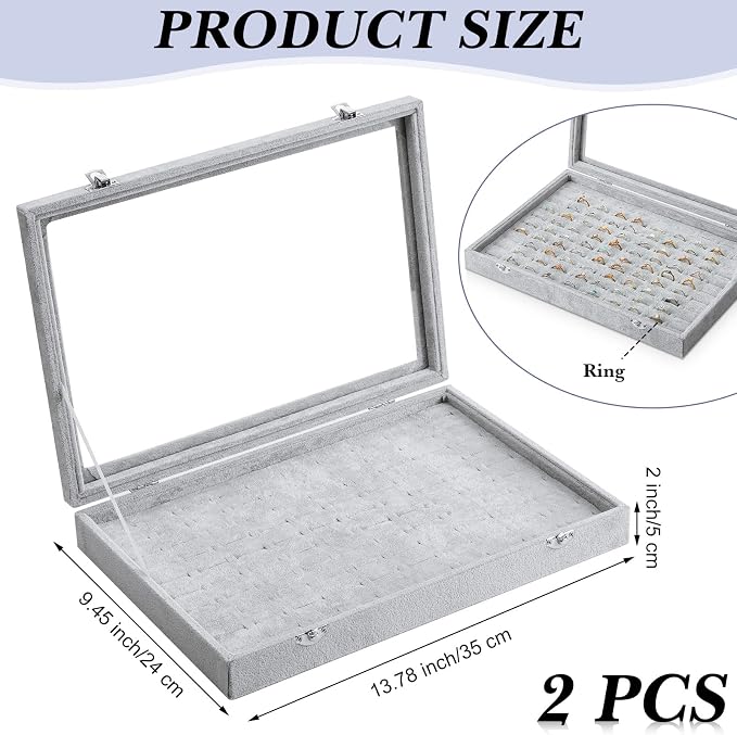 Yinkin 2 Pcs 100 Slots Ring Organizer Box with Transparent Glass Lid Necklace Display Tray Ring Case Velvet Jewelry Holder (Gray) - Image 2