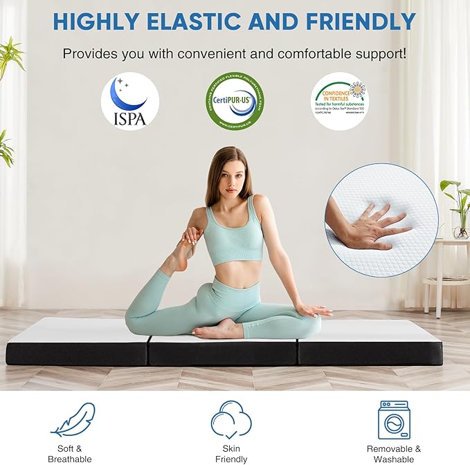 Tri-Fold Twin Memory Foam Mattress, 4 inch Folding Mattress Topper with Washable Cover, Portable Guest Floor Bed Non-Slip for Camping Travel