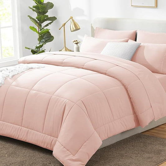 CozyLux Oversized Queen Comforter Sets Blush Pink, 7 Pieces Bed in a Bag, Ultra-Soft All Season Bedding Sets with Stitch Quilted Comforter, Flat Sheet, Fitted Sheet, Pillowcases