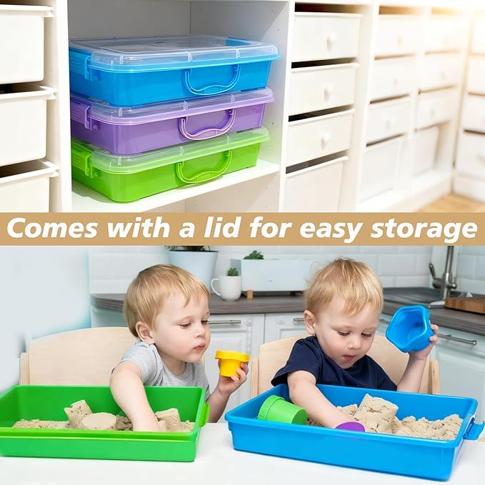 4 Qt (3.8L) Sensory Bin With Lid - 3 Pack, Stackable Storage Sensory Bins with Lids, Portable Sandbox, Organizers Sand, Arts, Crafts, (Blue, Green, Purple) - Image 5