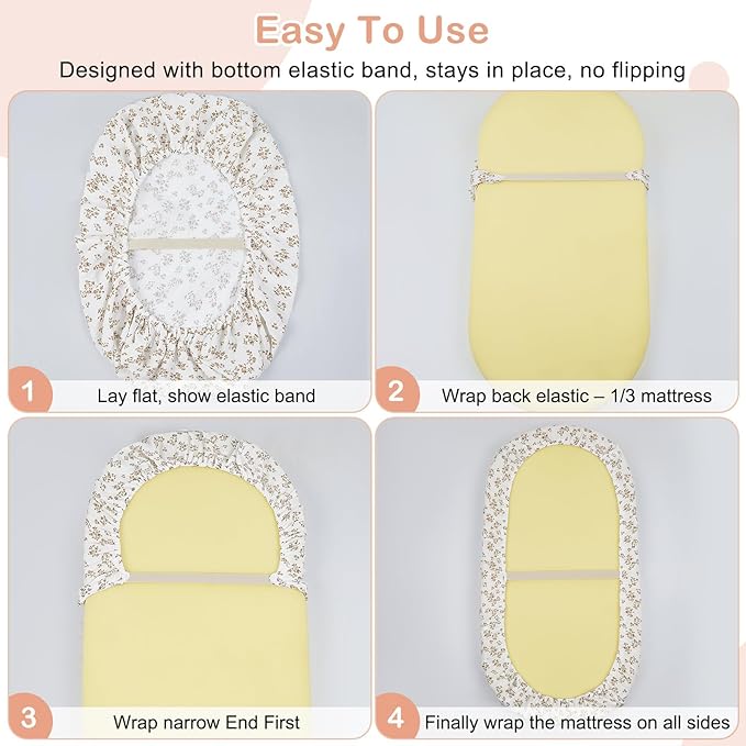Basumee Muslin Bassinet Sheets for Baby Girl Boy 2 Pack Soft Breathable Baby Bedside Bassinet Fitted Sheets with Bottom Elastic Band Mattress Cover for Rectangle Oval Hourglass Bassinets