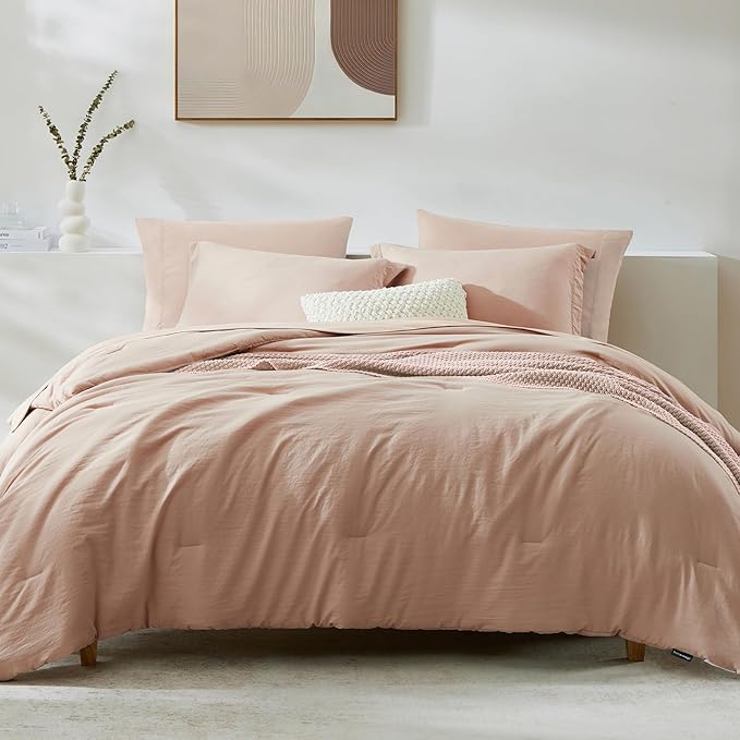 WRENSONGE Full Size Comforter Set- 7 Pieces Clay Pink Bed in a Bag Full Size Comforter with Fitted Sheet, Flat Sheet, 2 Pillow Shams, 2 Pillowcases, Warm Bedding Sets for All Season