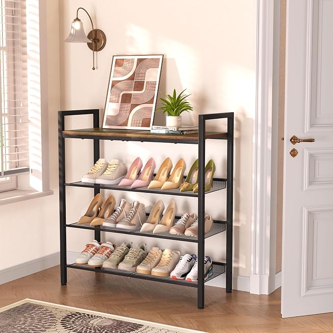 WIN4ALL Shoe Rack for Front Door Entrance, 4 Tier Shoe Rack for Entryway, 12-16 Pairs of Shoes, Metal Shoe Rack Organizer, Free Standing Shoe Rack for Closet (Black+Rustic Brown) - Image 2