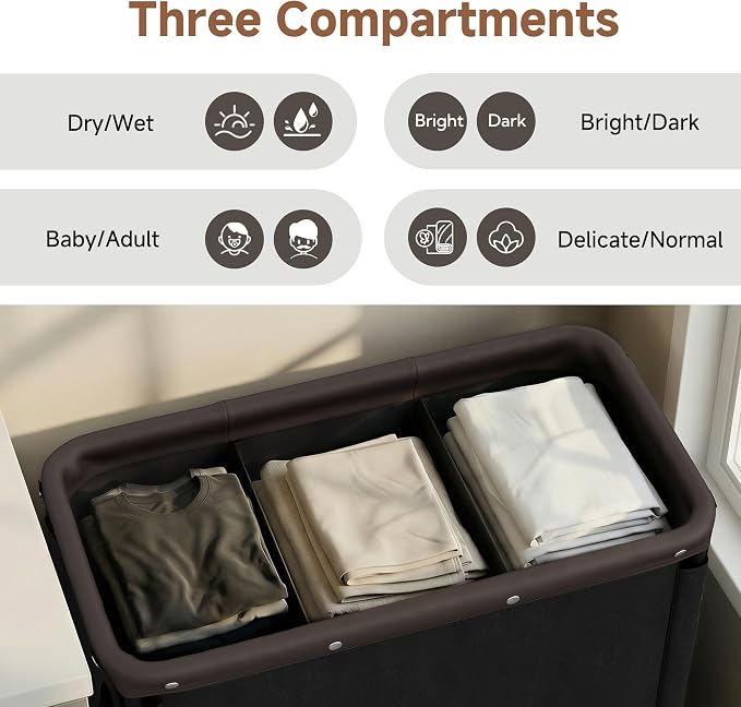 StorageWorks 3 Section Laundry Hamper, Rolling Laundry Cart with Wheels and Handles, Laundry Room Double Sorter for Organizer and Storage, 31.7 Gal(120L), Black - Image 2