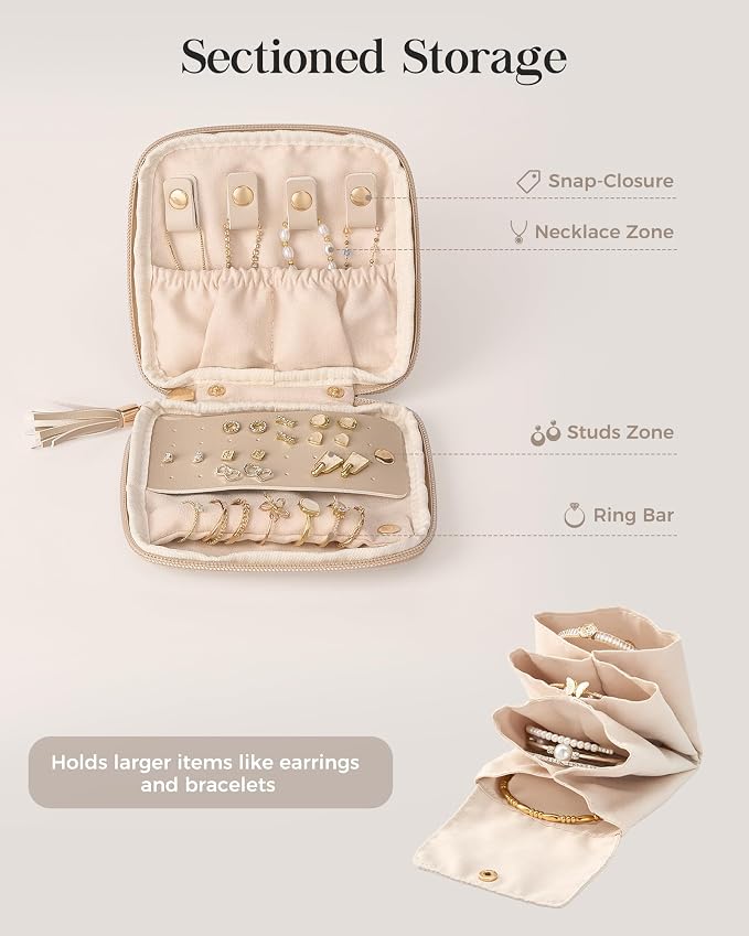 Lolalet Travel Jewelry Case Organizer, Small Jewellery Pouch with Compartments for Storage, Soft Velvet Bag for Traveling Women, Packing for Necklaces, Earrings, Bracelets, Mothers Day Gifts -Oatmeal - Image 4