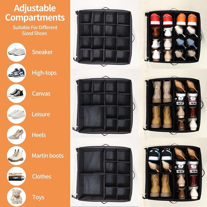 INSTY 2 Pack Shoe Organizer for Closet, Fits up to 32 Pairs, Adjustable Dividers for Shoe Storage, Space-Saving Shoe Bins and Clear Top, Black - Image 3