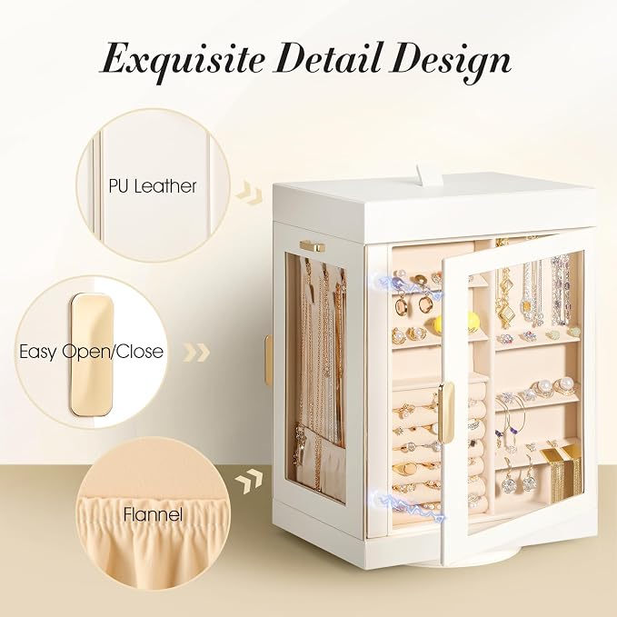 TidyStash 360° Rotating Jewelry Organizers and Storage, Large Jewelry Boxes for Women Necklace, Ring Earring Storage, Vertical Accessory Organizers and Storage, Cream White - Image 5