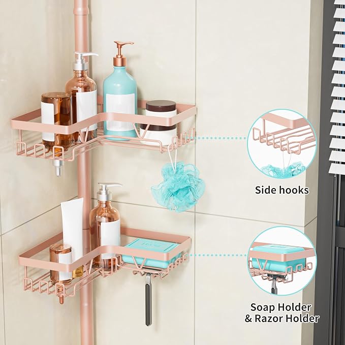 KEGII Corner Shower Caddy Tension Pole - 4-Tier Rustproof Bathroom Organizer, Floor to Ceiling Shower Caddy 25-114.2 inch, No Drilling Shower Storage Rack for Shampoo, Towels (Blush Nude) - Image 3