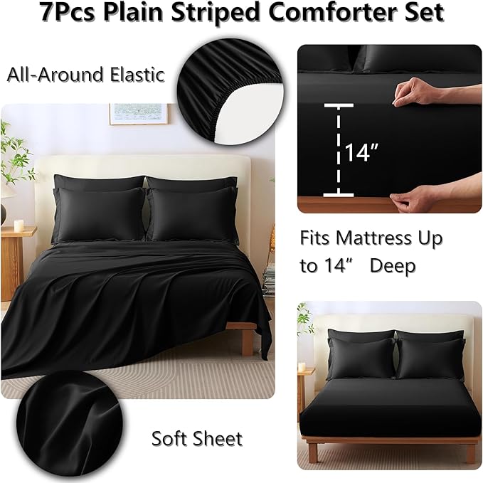CozyLux Oversized Queen Comforter Set - 7 Pieces Bed in a Bag Black Comforter Set with Sheets All Seasons Bed Set, Soft Bedding Set with Down Alternative Comforter, Sheets, Pillowcases & Shams