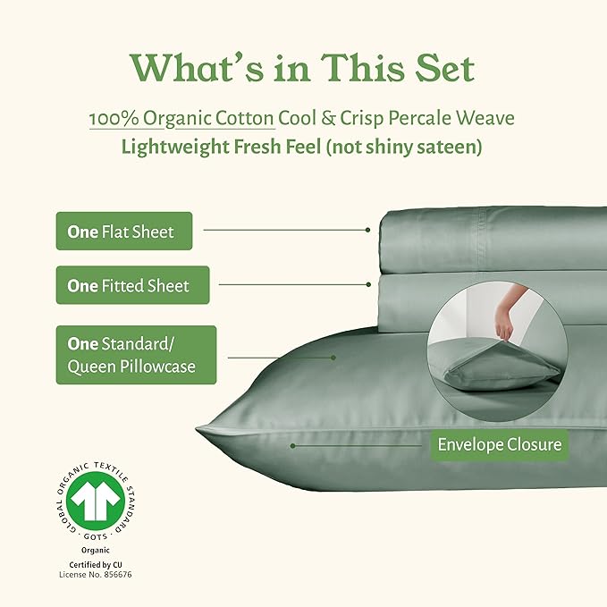 California Design Den Twin Bed Sheets Set - Soft 100% Organic Cotton Percale Sheets, Crisp and Cool, Deep Pockets with Anti-Skid Elastic, Breathable and Durable Bedding Set - Sage Green