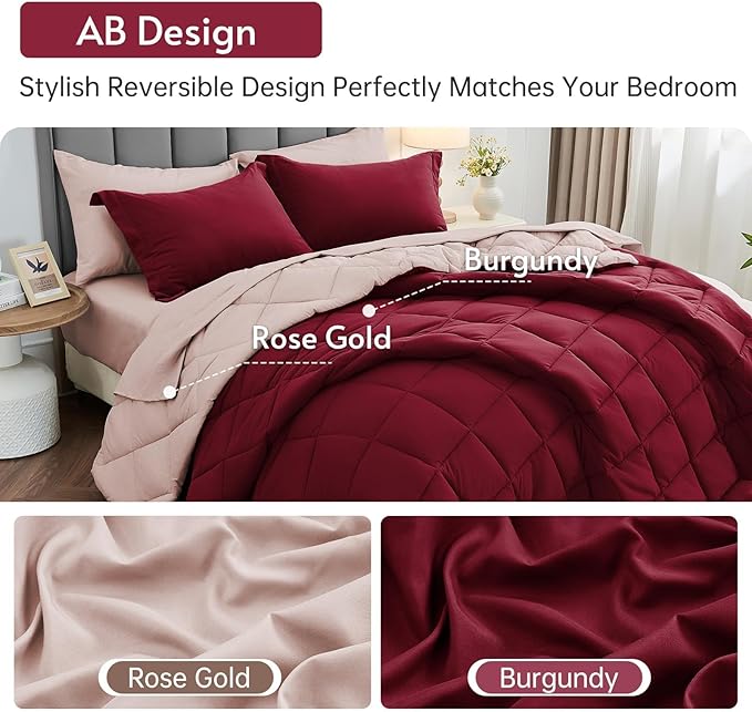 MUXHOMO 7 Pieces King Comforter Set, Reversible Bed in a Bag King Size, All Season Bedding Set with Comforter, Flat Sheet, Fitted Sheet, Pillowcases & Shams, Burgundy & Rose Gold