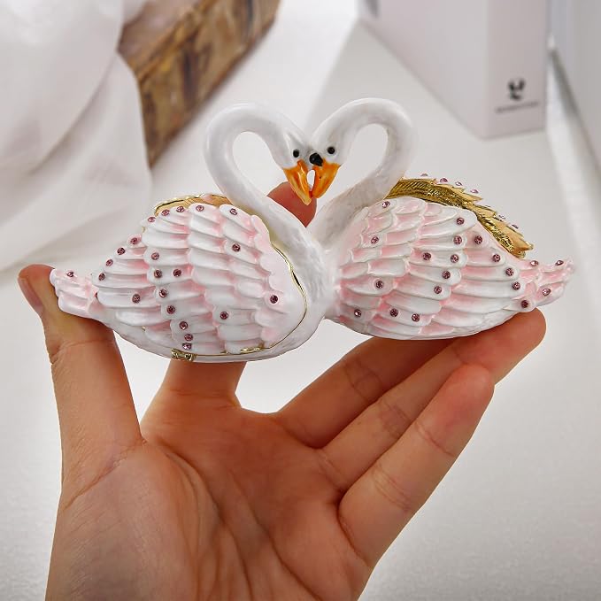 Hand Painted Animal Trinket Box for Home Decor, Hinged Jewelry Organizer Storage, Unique Personalized Collectible Keepsake Figurine Handmade Decorative Ornament Gifts (Swan Couple) - Image 6