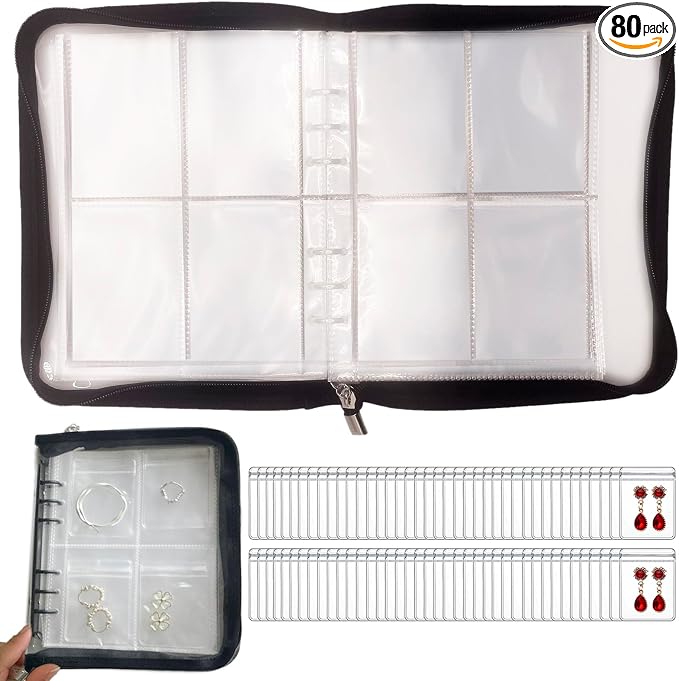 HSLFUAI Transparent Jewelry Storage Book Travel Jewelry Organizer Transparent Jewelry Book Organizer for Necklace Ring Holder Jewelry Organizer Book with Small Clear Pouch (Black-80PCS S Pouches) by Homestorageforyouandi