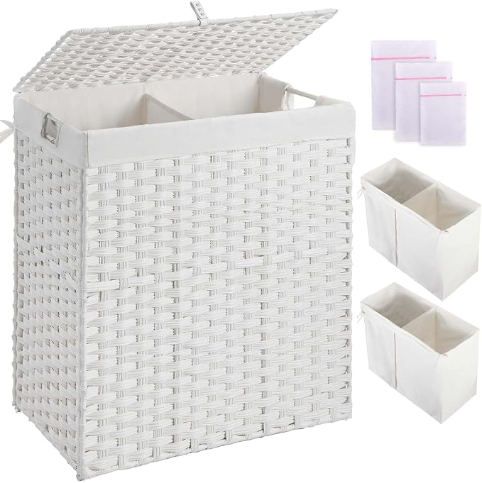 Greenstell Laundry Hamper with lid, No Install Needed, 110L Wicker Laundry Baskets Foldable 2 Removable Liner Bags, 2 Section Clothes Hamper Handwoven Rattan Laundry Basket with Handles, White by Greenstell