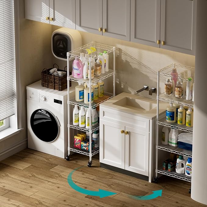 SINGAYE 6 Small Shelf Storage Wire Shelves Closet Bathroom Organizers Metal Pantry Kitchen Garage Shelving Unit Laundry Room Organization Home Narrow Rack Net Basket with Wheels White - Image 5