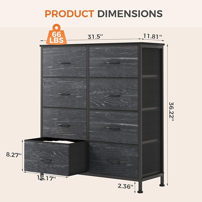 Sweetcrispy 8 Drawer Fabric Dresser for Bedroom, Tall Double Dresser Chest of Drawers with Sturdy Steel Frame and Wooden Top, Storage Organizer with Easy Pull Handles,Black Wood Grain