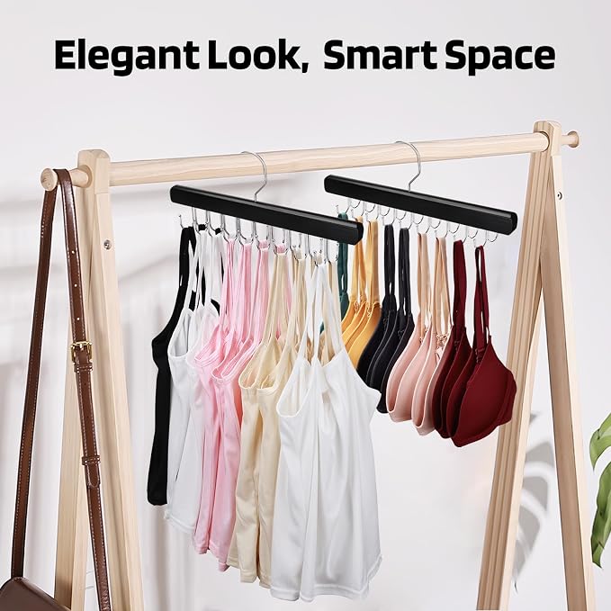 NECAMOCU 2 Pack Bra Hanger for Closet Organizer, Premium Wooden Tank Top Hangers with 36 Foldable Hooks, 360° Rotating Design, Space Saving Storage for Tank Tops, Bras, Scarves and More, Black - Image 4