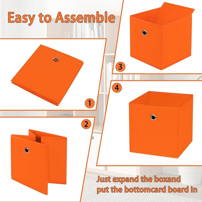 Foldable Storage Cubes Bins ,11 Inch Cloth Storage Cube Fabric Storage Box Cubes Organizer Baskets with Dual Handles for Home Organizer Set of 8 (Orange) - Image 6