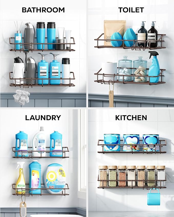 Nieifi Shower Caddy Shelf Storage Rack Adhesive Without Drilling Stainless Steel with Hooks for Washroom, Lavatory, Restroom, Toilet, Bathroom, Kitchen - 2 Pack Bronze - Image 8