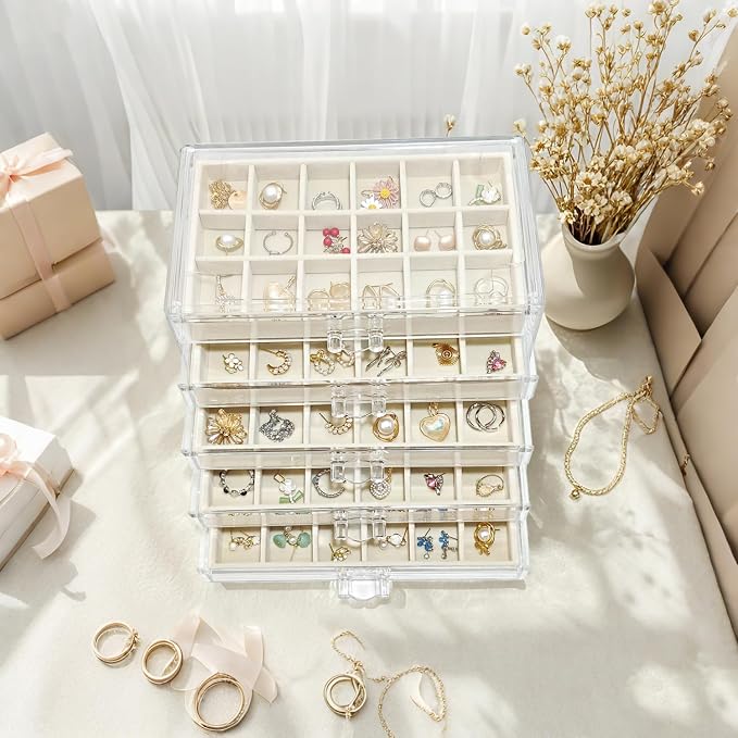 Acrylic Earring Holder Organizer with 5 Drawers Clear Earring Organizer Box with 90 Adjustable Grids Velvet Earring Display Case Jewelry Organizer for Earrings Rings Studs (Beige) - Image 4