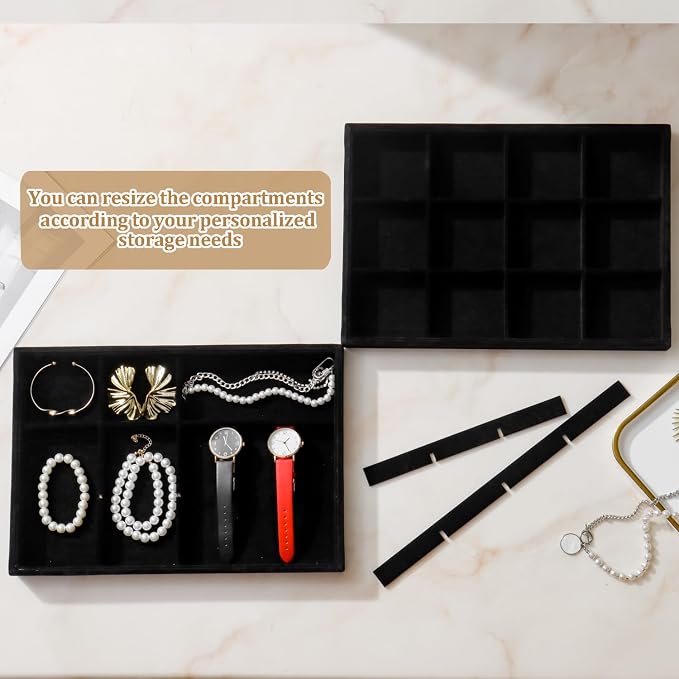 Large Velvet Jewelry Tray 2 Pack Stackable Jewelry Display Drawer Inserts Trays Organizer for Earring Bracelet Necklace Ring (Black, 12 Grids) - Image 4