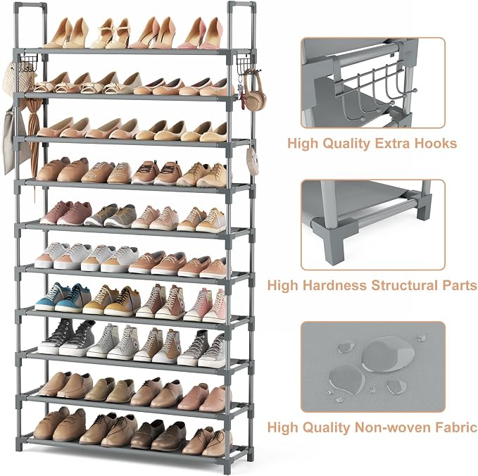 VTRIN 10 Tiers Shoe Rack Tall Large Capacity Wide Shoe Organizer Sturdy Shoe Shelf for Entryway with Two Hooks Metal Shoe Storage for Closet, Bedroom, Grey - Image 4