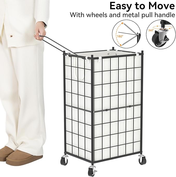 WOWLIVE Laundry Hamper with Wheels,Metal Wire Frame Rolling Laundry Basket with Removable bag,100L Dirty Clothes Hamper Organizer Dorm Room Storage for Bedroom,Bathroom,Black and White - Image 5
