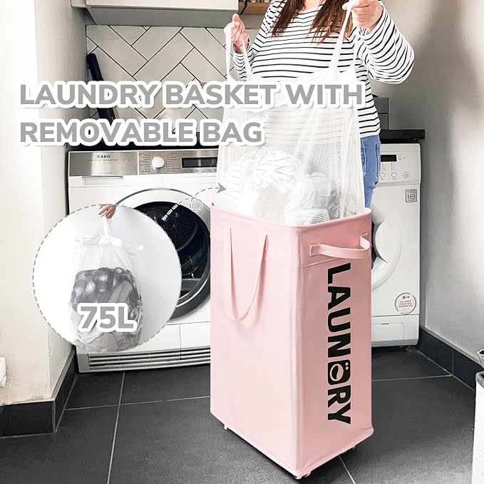 CHICVITA Slim Laundry Hamper with Wheels 75L, Collapsible Rolling Laundry Basket for Living Room, Pink Laundry Hamper for College Dorm - Image 4