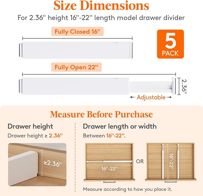 Lifewit 5 Pack 2.36" High Drawer Dividers 40-56cm/16-22 Adjustable Drawer Organizer for Clothes/Utensils, Expandable Drawer Separator in Dresser/Kitchen/Bedroom/Office Organization & Storage White - Image 2