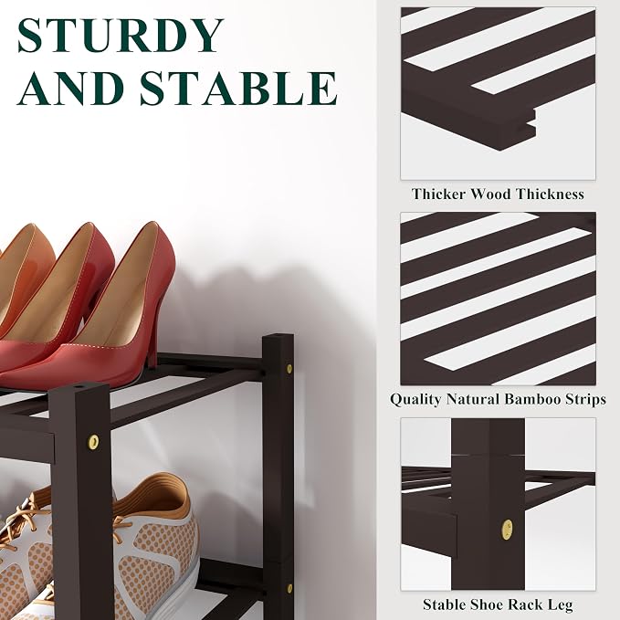 Smiry Shoe Rack, 4 Tier Small Bamboo Shoe Organizer, Stackable Free Standing Wooden Shoe Storage Shelf for Closet, Entryway, Front Door Entrance, Brown - Image 3
