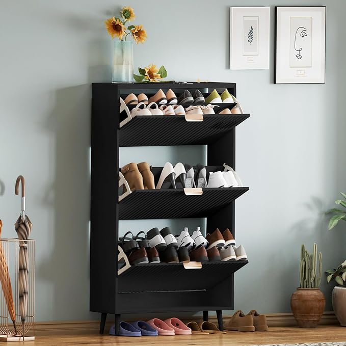 Shoe Cabinet Storage,Modern Freestanding Organizer with 3 Flip Drawers,Narrow Shoe Rack Cabinet for Entryway,Black - Image 6