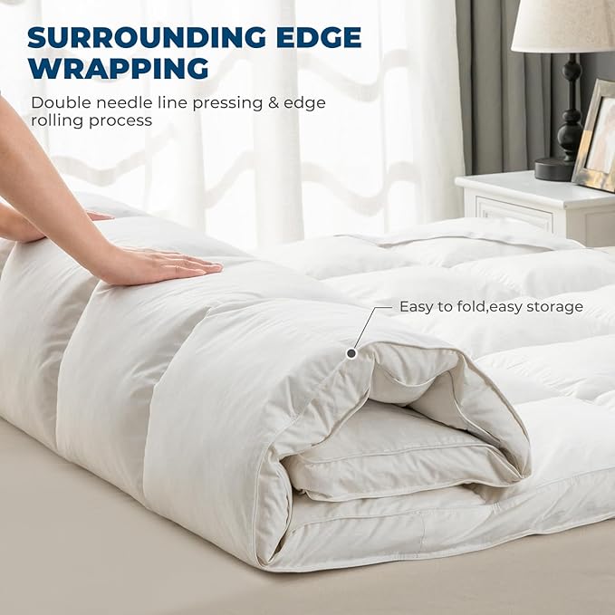Goose Down Feather Mattress Topper,Queen Down Mattress Protector Cover with Straps,Plush Soft Fluffy Baffled Pillowtop,Hypoallergenic Featherbed Cooling Pad All-Season Luxury(60x80 inch)