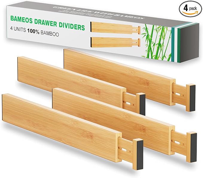 BAMEOS Drawer Dividers kitchen Organization Bamboo Utensil Organizers for Kitchen Bedroom Bathroom Dresser Office 4-pack by BAMEOS