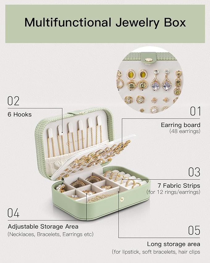 VLANDO Travel Jewelry Case, PU Leather Travel Jewelry Box with Earring Holder, Portable Display Small Jewelry Box for Mothers Day Women Girls Gift - Green - Image 6
