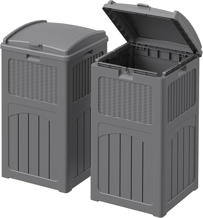 Devoko 33 Gallon Outdoor Trash Can with Dual Lid, Heavy Duty Waterproof Resin Garbage Bins Outside, Hideaway Waste Bins for Patio, Outside Pool, Backyard and Deck (2, Gray) by DEVOKO