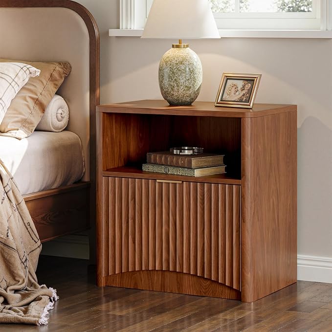 Evermagin 3-Piece Bedroom Furniture Set for Bedroom, 55" Wide Fluted 6-Drawer Dresser with 2 Nightstands, Mid-Century Modern Dresser and Nightstand Set (Walnut)