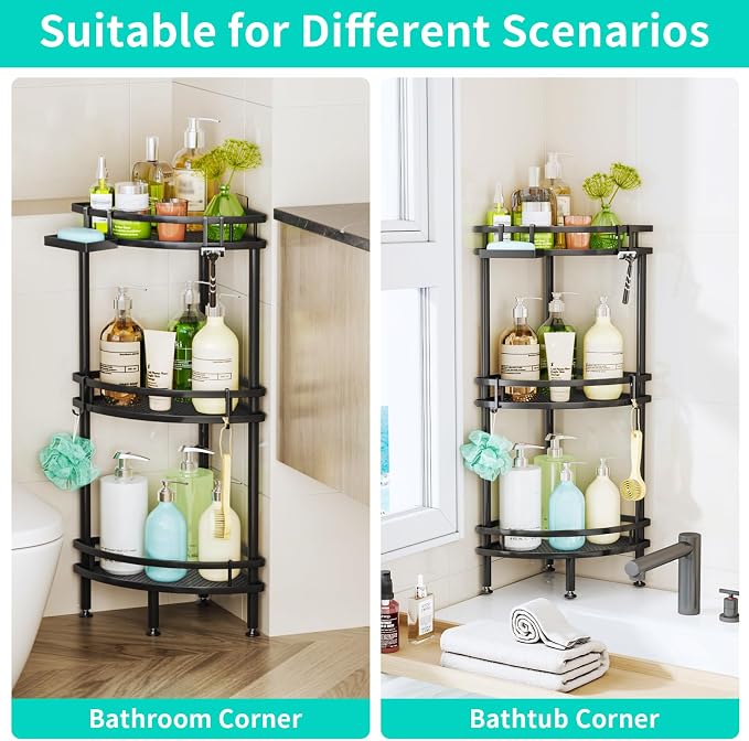 HapiRm Standing Corner Shower Caddy - 3 Tier Shower Organizer Corner with Soap Holder and 4 Hooks, Rustproof Bathroom Storage Shelves with Adhesives, Black - Image 5