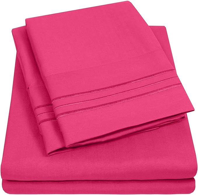 Split King Size Size Sheet Set with Built-in Sheet Straps - Deep Pocket Fitted Sheet, Flat Sheet & Pillowcases - Soft, Wrinkle-Free, Secure Fit - Fuschia