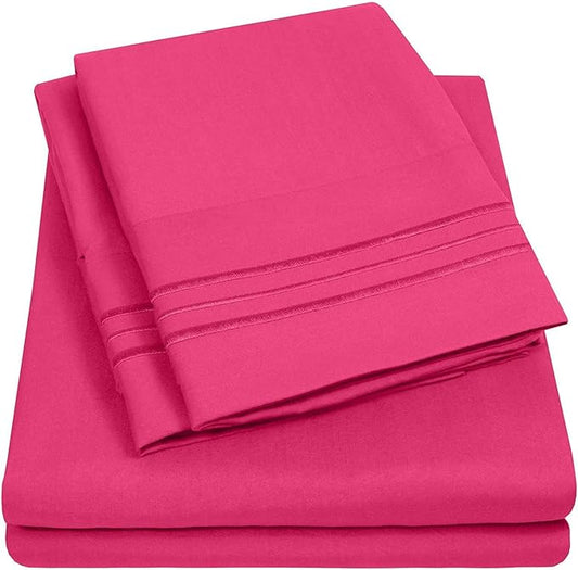Split King Size Size Sheet Set with Built-in Sheet Straps - Deep Pocket Fitted Sheet, Flat Sheet & Pillowcases - Soft, Wrinkle-Free, Secure Fit - Fuschia