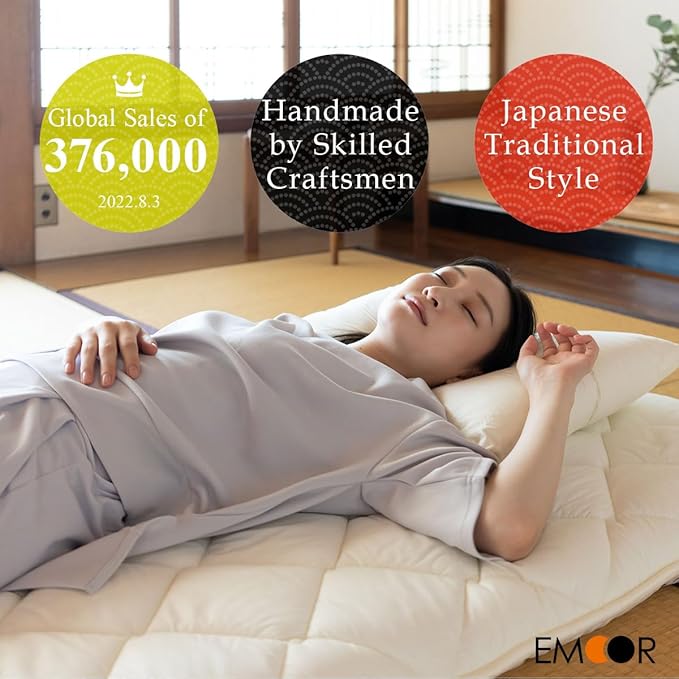 EMOOR Japanese Futon Mattress CLASSE & Fitted Sheet PRESSO King Made in Japan, Cotton (Gray) Foldable Floor Sleeping Bed Tatami Mat
