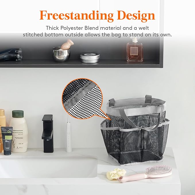 Lifewit Mesh Shower Caddy Portable for College Dorm Room Essentials with 7 Pockets, Freestanding Hanging Organizer Basket, Quick Dry Tote Bag for Camping, Bathroom, Beach, Travel, 1 Pack, Grey - Image 3