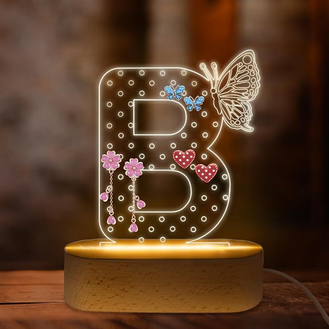 COSHAYSOO Stud Earring Holder Organizer Initial Acrylic with Butterfly LED Decoration Women Teacher Nurse Doctor Appreciation Birthday Gift Ideas, Flat Back Pearl Heart Earrings Display Rack Letter B by COSHAYSOO