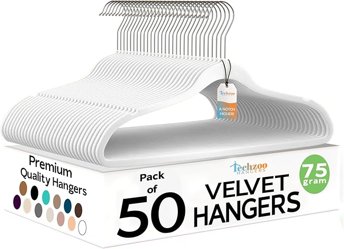Techzoo Premium Velvet Hangers 50 Pack Ultra Thin Non Slip Adult Felt Space Saving Slim Suit Hanger for Closet Heavy Duty Coat Pants Jackets Dress Hangers 360° Swivel Hook Hold Upto 10 lbs White by TECHZOO