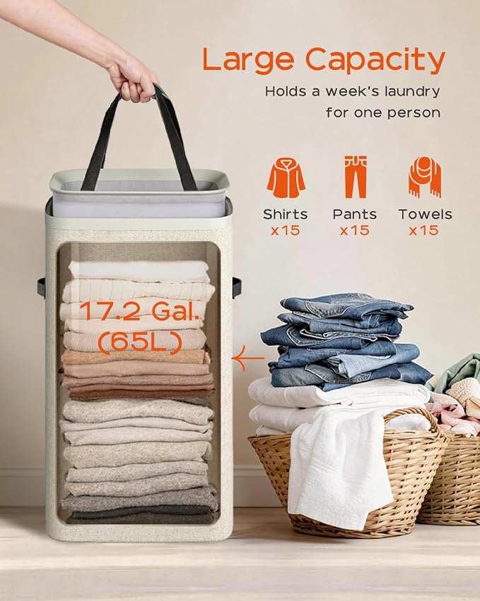 CASAMAYA Laundry Basket with Lid, Slim Laundry Hamper, 65L collapsible Laundry Organizer, Easy Assembly, with Handles and Removable Liners, 15.4 x 8.7 x 29.5 Inches, Beige JSP901M - Image 3